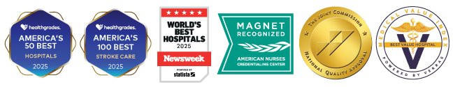 Healthgrades America's 50 Best Hospitals 2025, Healthgrades America's 100 Best Hospitals for Stroke Care 2025, Newsweek World's Best Hospitals 2025, Magnet Recognized by American Nurses Credentialing Center, The Joint Commission National Quality Approval Badge, and Verras Best Value Hospital